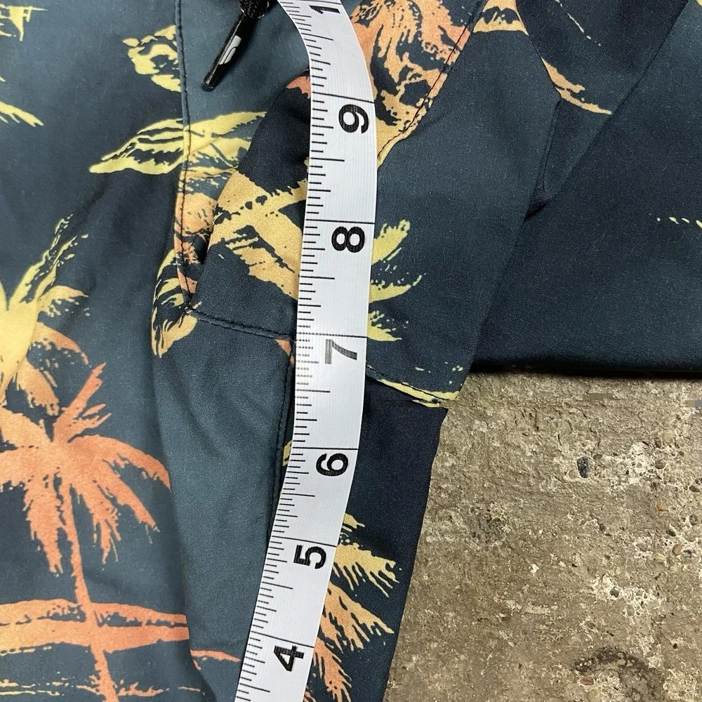 Quiksilver Swim Trunks Size Large Black Orange Palm Tree Sunset Graphic Surfing